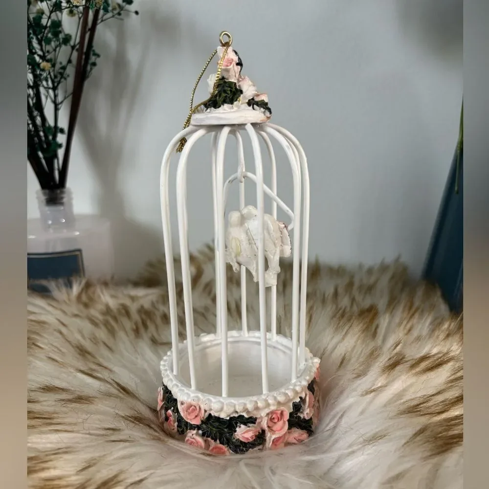 Shabby Chick White Pink Floral Cage That Hangs with 2 Lovebirds